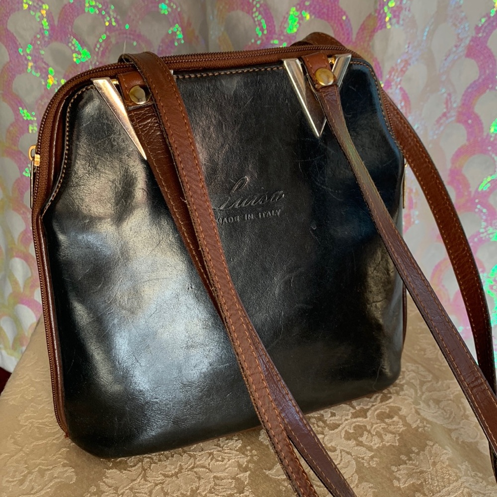 Vintage Luisa Italian Leather Purse Handbag Black with Brown and Gold Trim